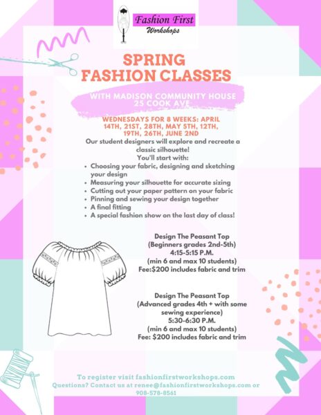A flyer describing the time, location, and project details for the peasant top project fashion class in Madison, New Jersey.