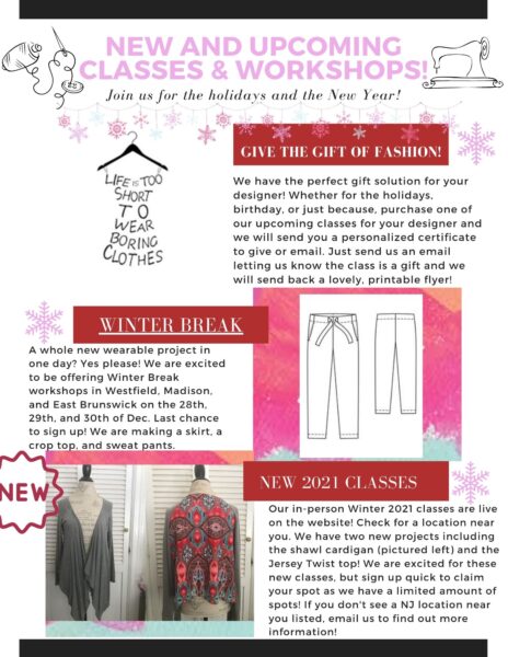 Virtual Classes and Gift Certificates announced in Holiday Newsletter for Fashion School in New Jersey