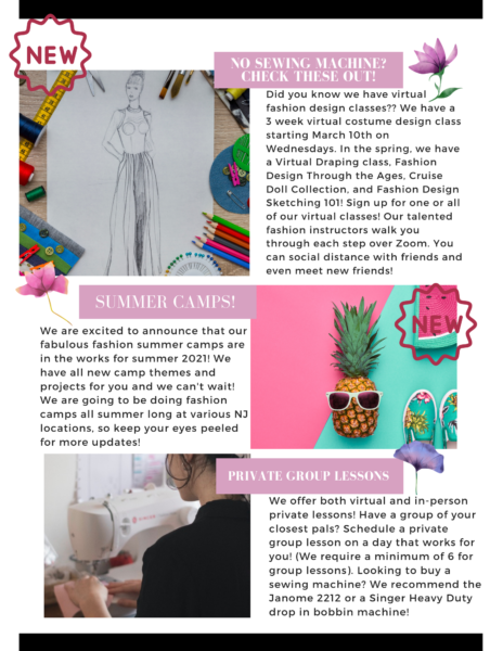 Monthly newsletter showing new class updates with photos of fashion projects for spring
