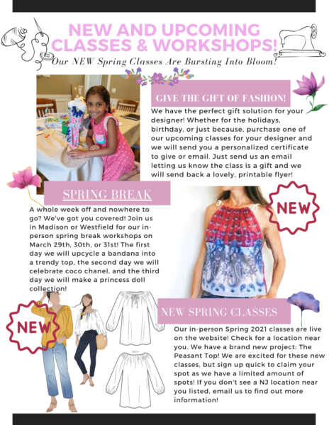 Monthly newsletter showing new class updates with photos of fashion projects for spring