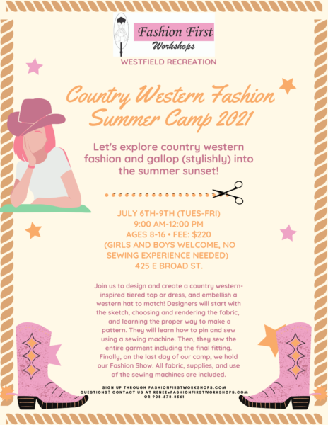 Flyer showing the details and projects for the country western fashion summer camp offered through Westfield Recreation