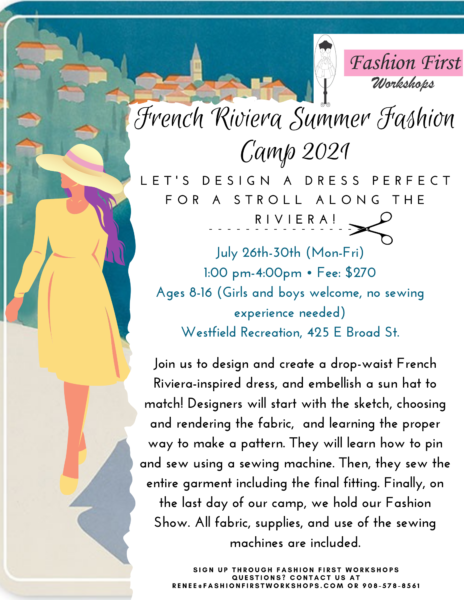 Flyer describing the french riviera fashion themed camp happening in Westfield NJ