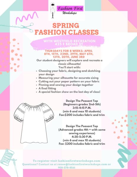Picture of a flyer showing the time, date, and project details for the peasant top fashion design project at Westfield Recreation in New Jersey.
