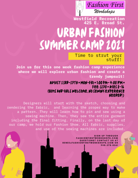Flyer showing the details for the Urban Fashion Summer camp for Westfield Recreation in NJ