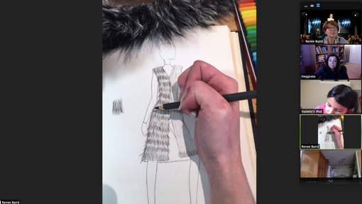 Image of hand sketching a fur vest in a virtual fashion design class.