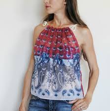 Photo of a woman wearing a shirt made from two bandanas